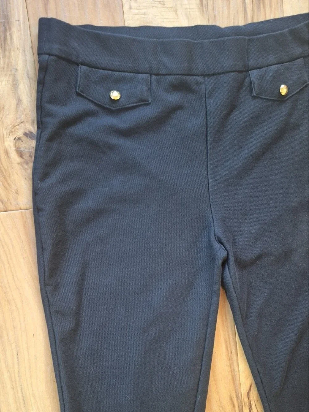 Michael Kors Black Ponte Pull-On Pants with Gold Button Details